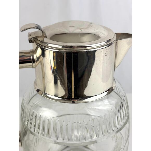 Vintage Cut Glass Water Pitcher Silverplate Lid Hinged Claret Jug 10” - Picture 6 of 15